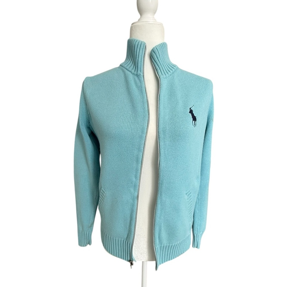 Polo Ralph Lauren Golf W’s Full Zip Sweater Small Aqua sky blue Jacket cotton - Picture 1 of 14